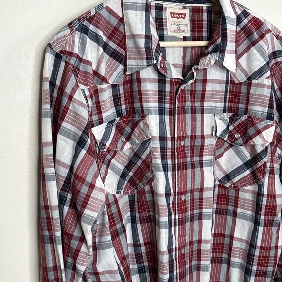 LEVI'S MODERN PLAID LONG SLEEVE SHIRT RED WHITE BLUE COWBOY PEARL SNAP FRONT XL - Picture 2 of 10
